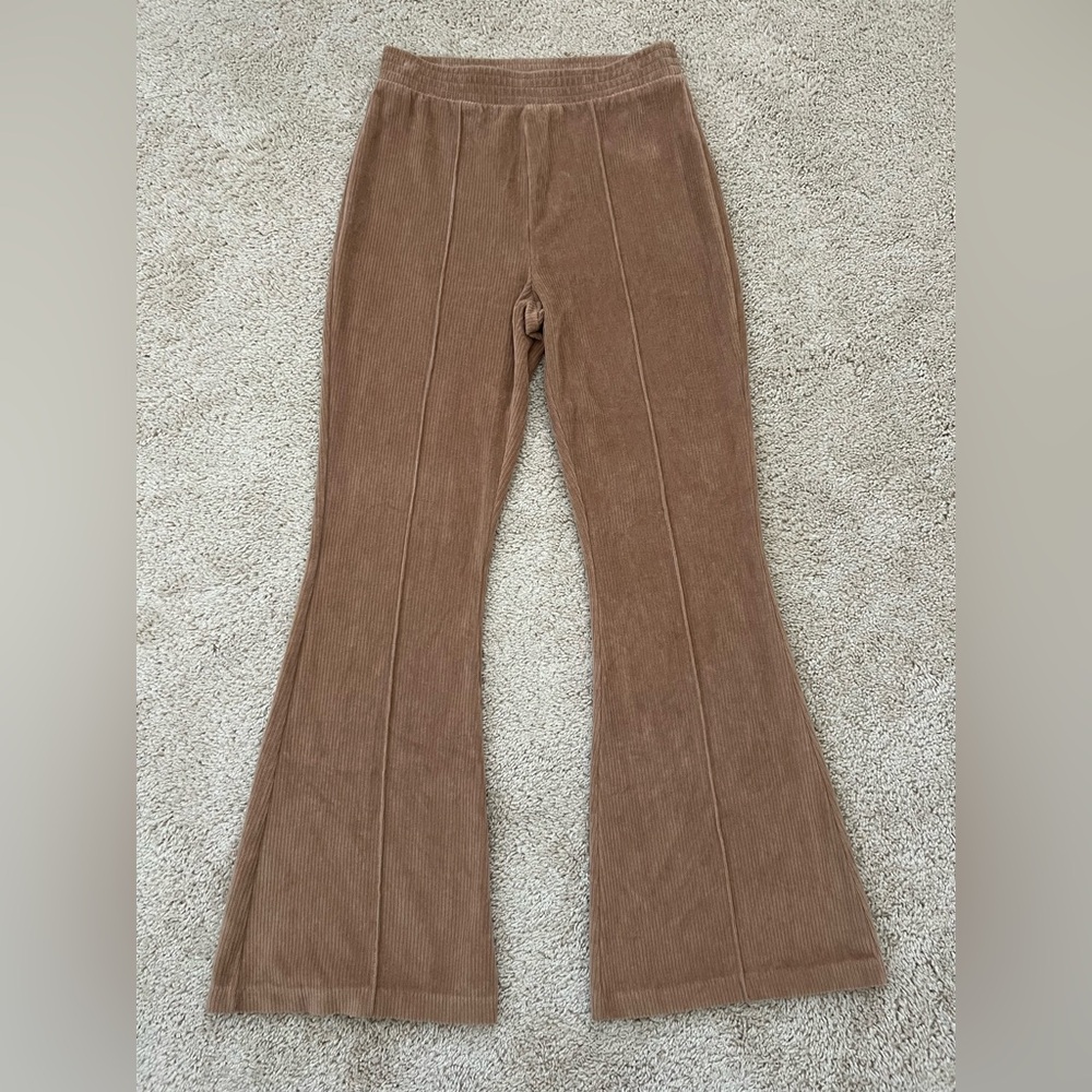 Aerie Size Small Groove On Flare Pants Brown Ribbed Velour High Rise Lounge